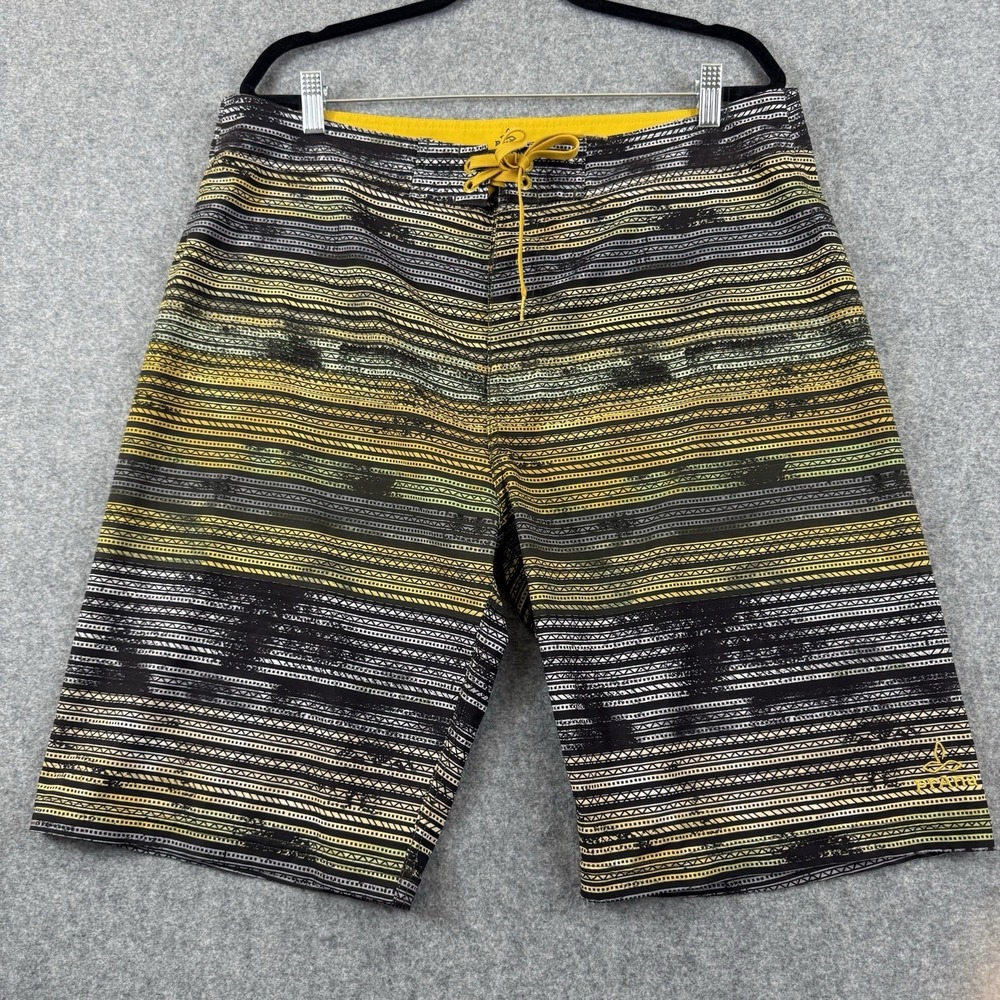 prAna‎ Sediment Board Shorts Swim Trunks Men's 36 Striped Black Yellow